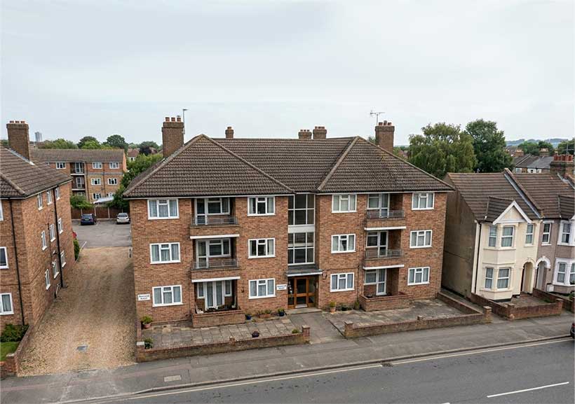 Purpose-built three-storey low-rise block of flats — UK fire service training scene